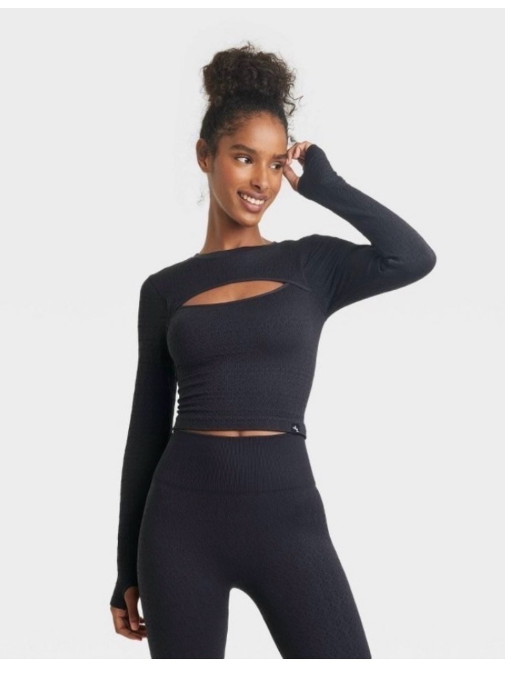 NWT JoyLab Black Textured Crewneck Long-Sleeve Crop Top